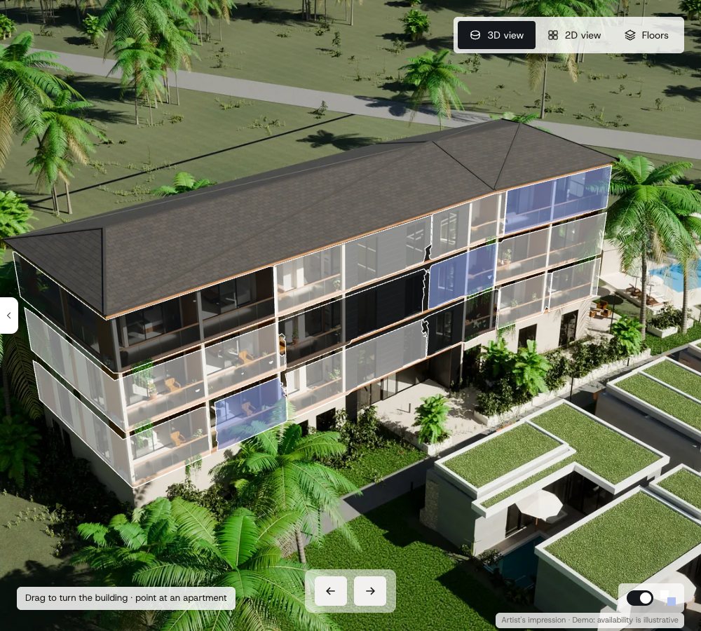 The building with each apartment coloured by status