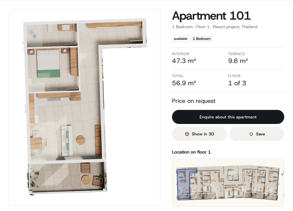 An apartment page with floor plan, areas and an enquiry button