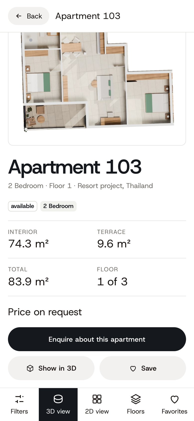 An apartment page with floor plan, status and an enquiry button on a phone